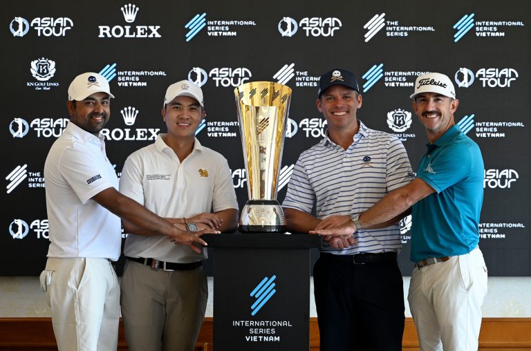 CAM RAHN, VIETNAM: L-R-  Anirban Lahiri of India, Michael Tran of Vietnam, Paul Casey of England and Wade Ormsby of Australia pictured  with the winner's trophy at a press conference on Wednesday April 12, 2023 during an the Pro-Am event ahead of the International Series Vietnam at the KN Golf Links, Cam Rahn. The US$ 2 million Asian Tour event is staged from April 13-16, 2023. Picture by Paul Lakatos/Asian Tour.