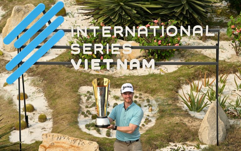CAM RANH, VIETNAM: Kieran Vincent of Zimbabwe pictured with the winner’s trophy on Sunday April 16, 2023 during Round Four of the International Series Vietnam at the KN Golf Links, Cam Ranh. The US$ 2 million Asian Tour event is staged from April 13-16, 2023. Picture by Paul Lakatos/Asian Tour.
